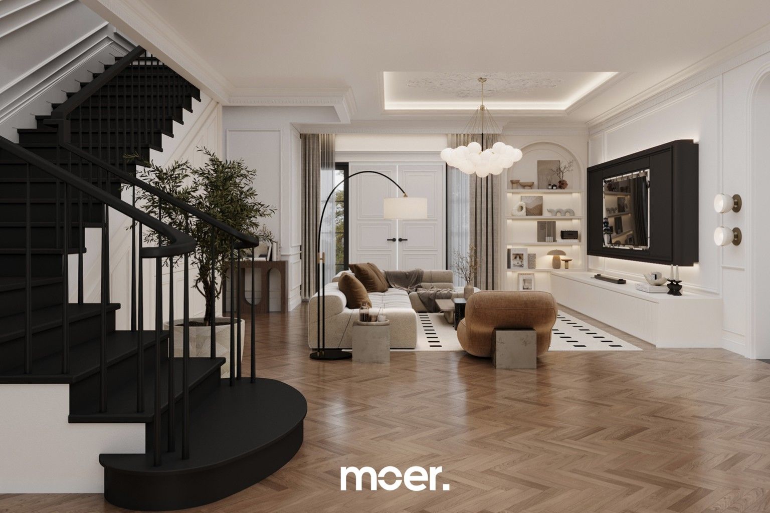 3D render of The House, the same view as the photo